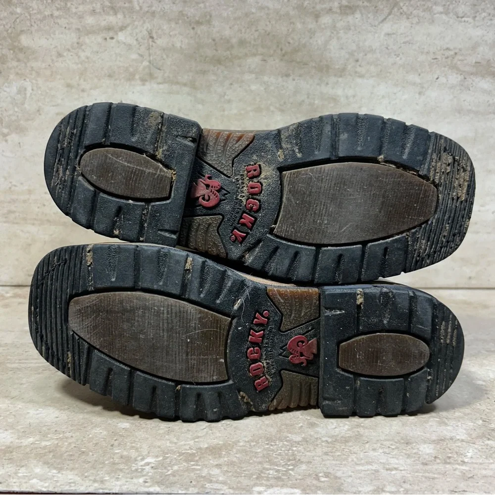 Rocky Kids Western Boots Brown‎ Leather Teal Blue Stitched Square Toe Pull On